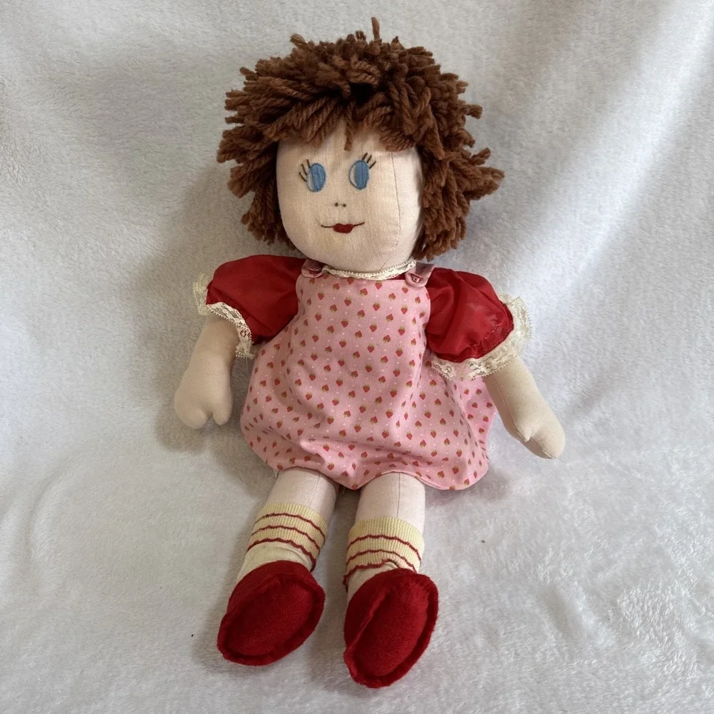 Vintage Rag‎ Doll Strawberry Dress Yarn Hair Handmade Stuffed Toy Plush Doll